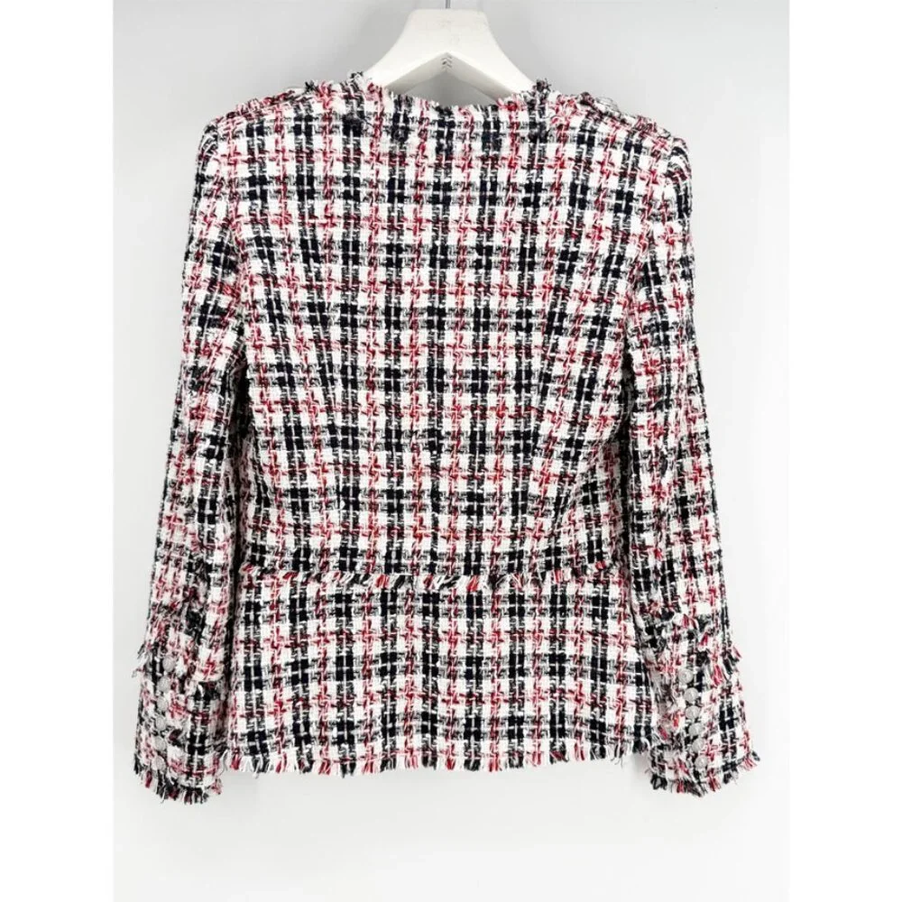 Balmain White Red Navy Silver Lion Button Tweed Blazer Jacket Sz FR 38 US 6 - Picture 2 of 6